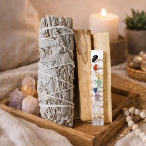 Kit de Purificación Sagrada – Sahumerio de Salvia Blanca, Palo Santo y Selenita con 7 Chakras