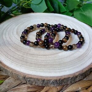🛡️ Pulsera de Triple Protección: Amatista, Ojo de Tigre y Obsidiana