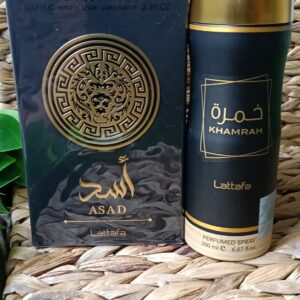 Set Exclusivo Lattafa: Perfume Asad Eau de Parfum + Body Spray Khamrah