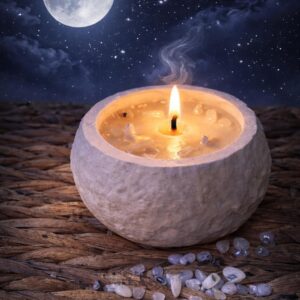 Vela Artesanal "Energía Lunar" – Cera de Soja y Cristales en Envase de Resina Ecológica